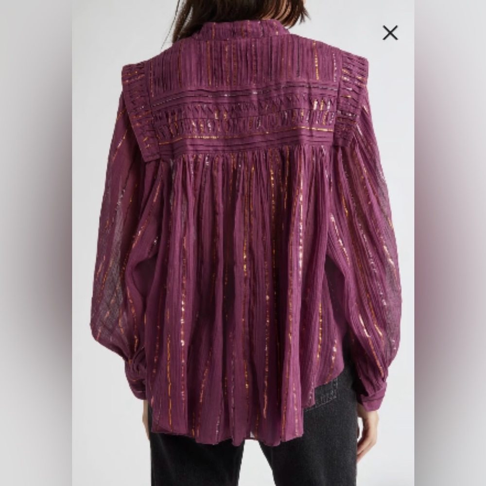 Farm Rio Burgundy Pleated Yoke Metallic Stripe Long Sleeve Button Blouse XS - Picture 4 of 11